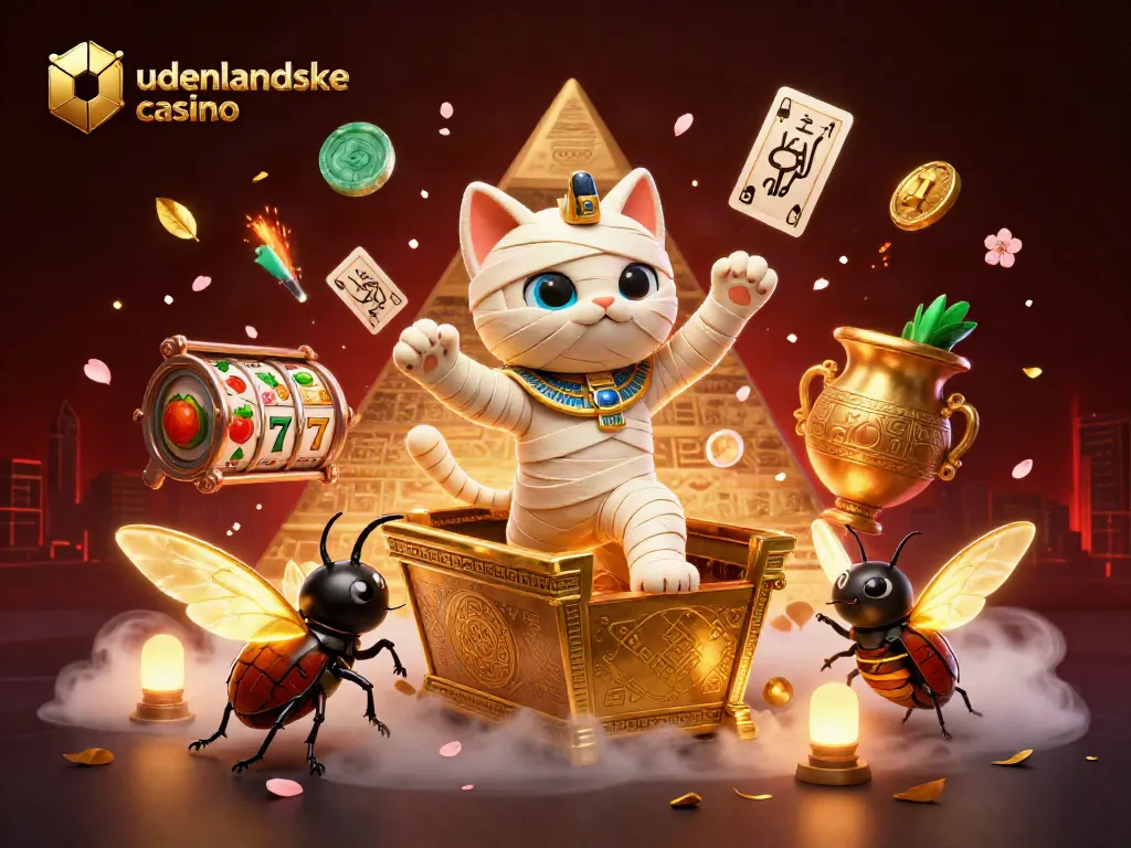 Experience the excitement of udenlandske casino adventures with a vibrant 3D illustration featuring a heroic mummy cat.
