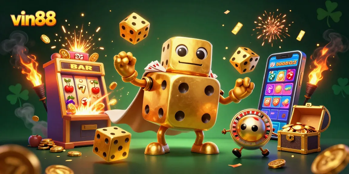 Engage in thrilling gameplay with vin88 as a dynamic casino scene comes alive with a golden dice golem.