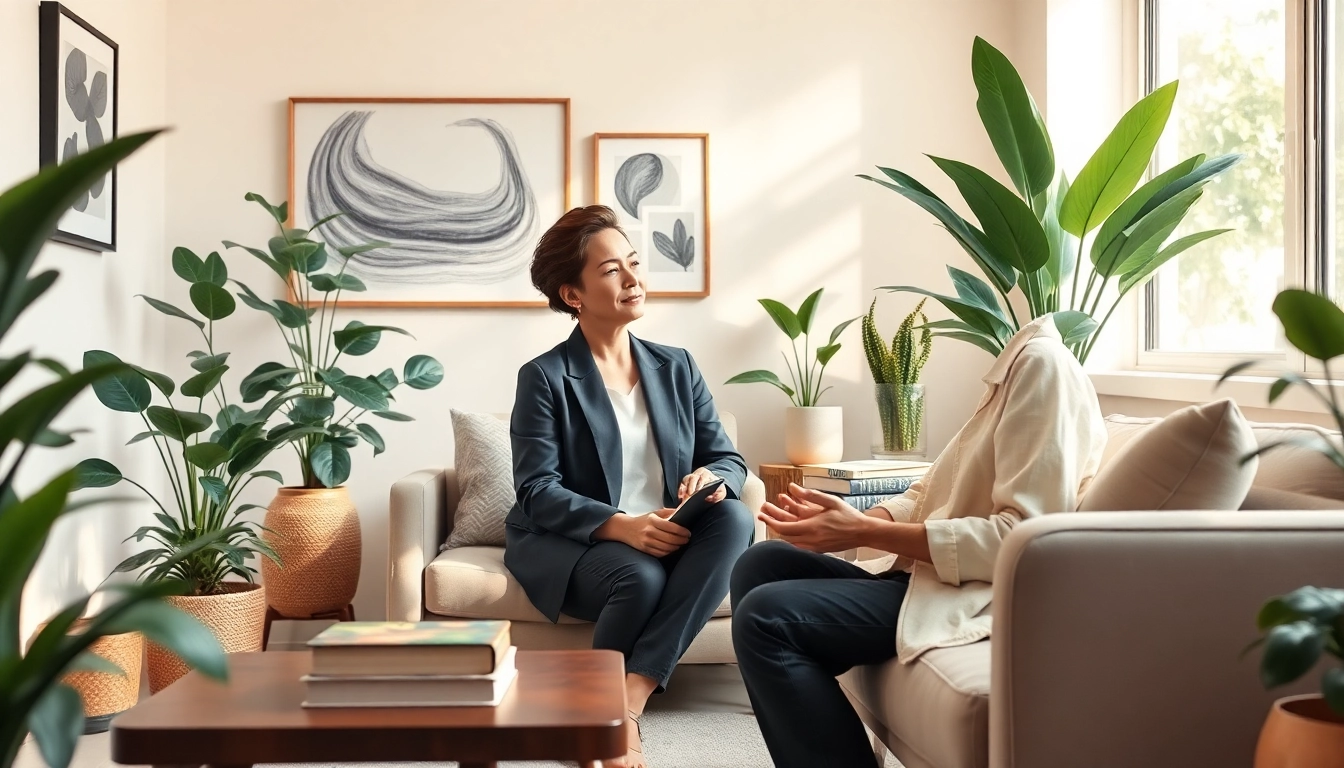 Therapist guiding clients through stress and anxiety management strategies in a tranquil setting.