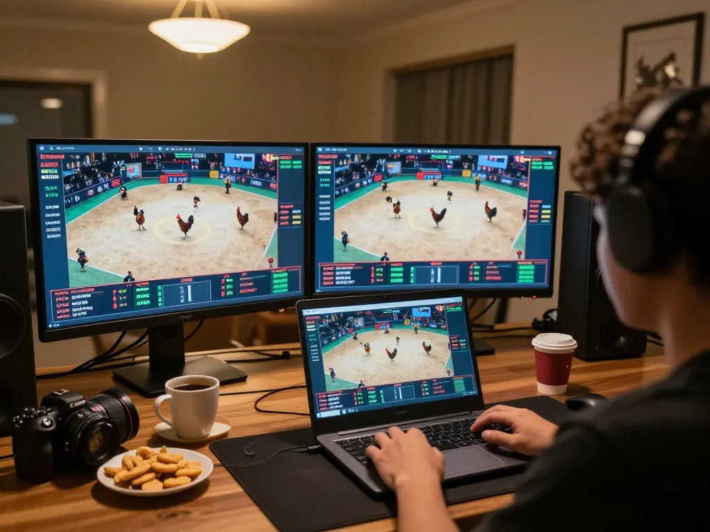 Engaging online gaming experience with đá gà trực tiếp thomo being streamed on a laptop screen in a cozy home