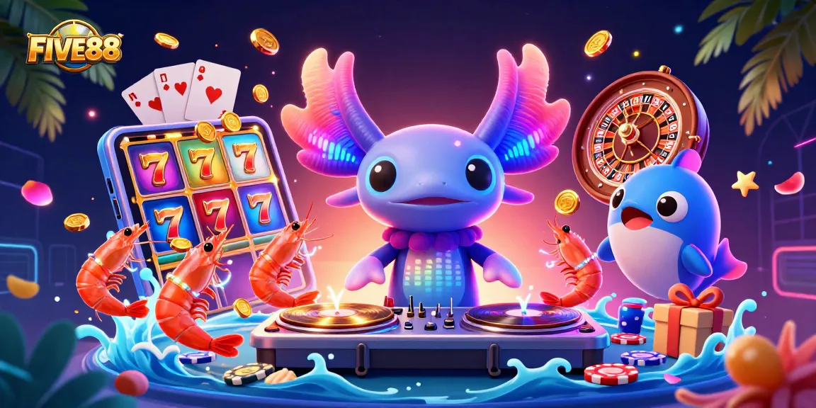 FIVE88 slot players enjoying vibrant casino gaming with a colorful DJ scene and dynamic slot elements