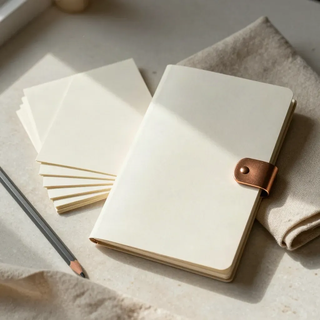 Closed mission and vision writing kit with booklet, bronze clasp, note cards, and pencil on pale stone.