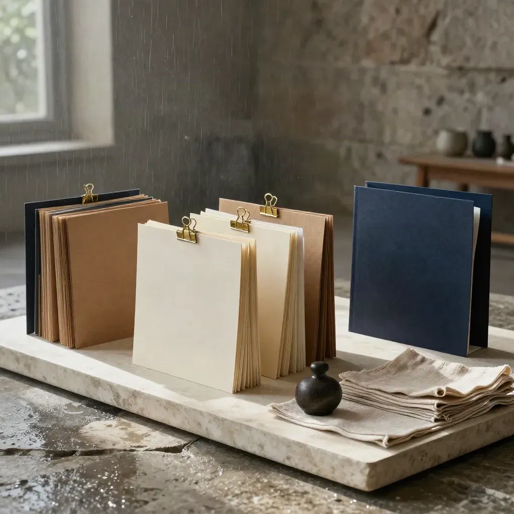 Moody strategy tableau with folders, cards, linen and brass on stone after rain.