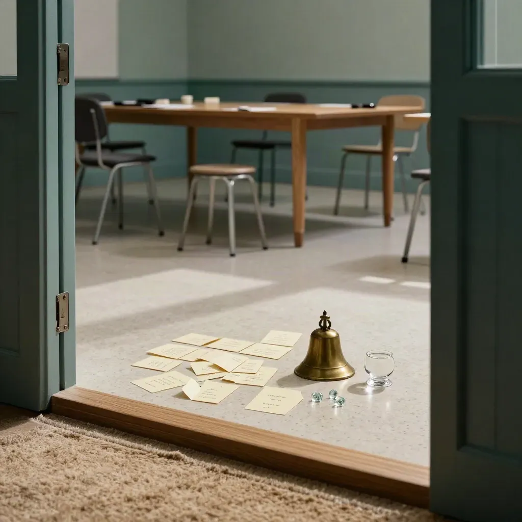 Workshop room with cards, glass tokens, a brass bell and stools around a low oak table.