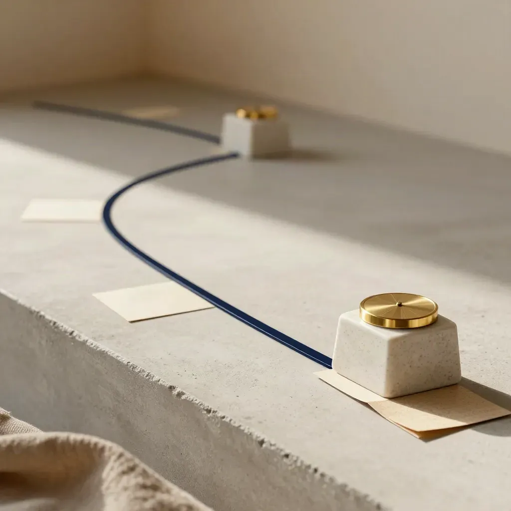 Low-angle roadmap tableau with navy line, travertine markers, brass dial on pale concrete.