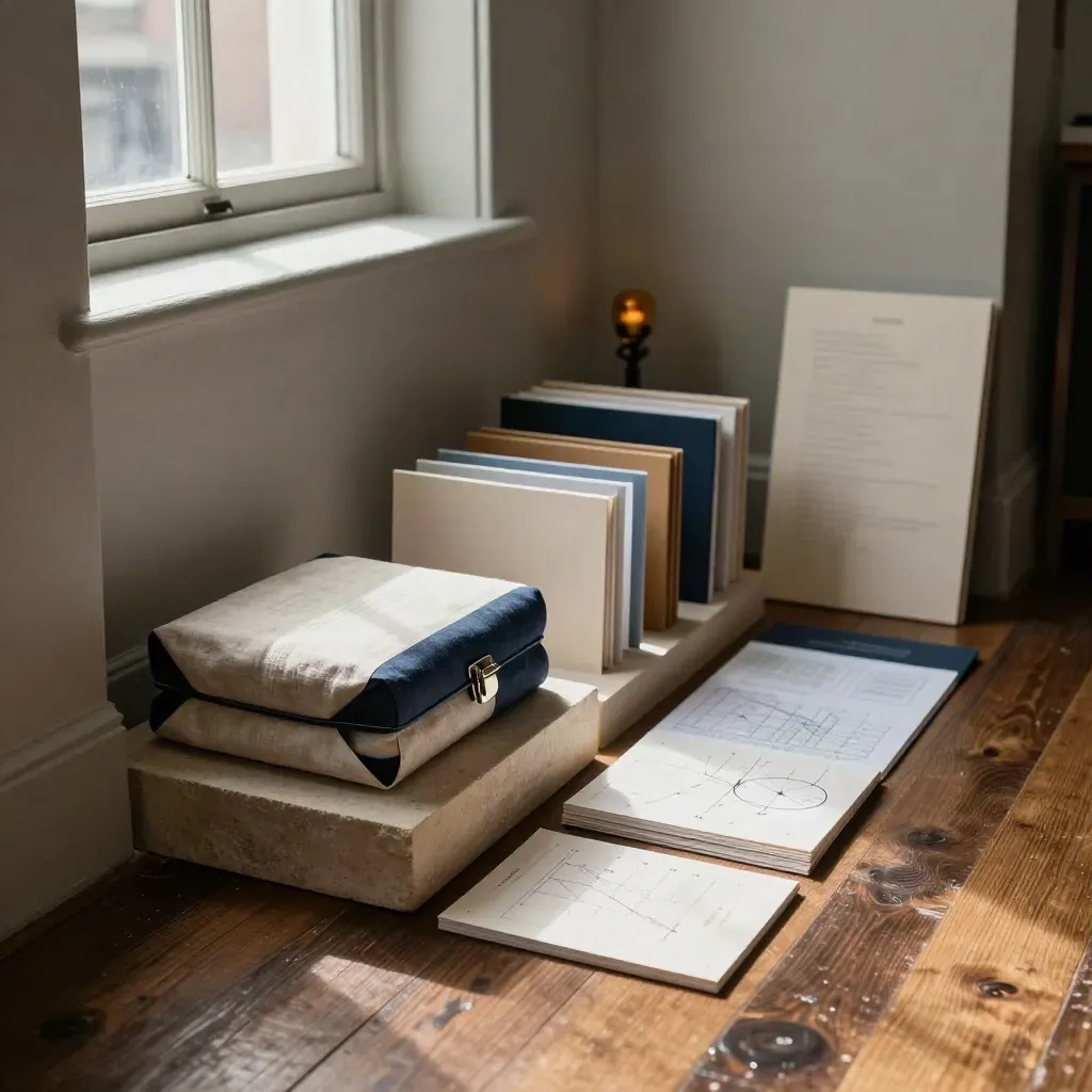 Dublin studio launch kit with navy sample boxes and a hero portfolio on a stone plinth.