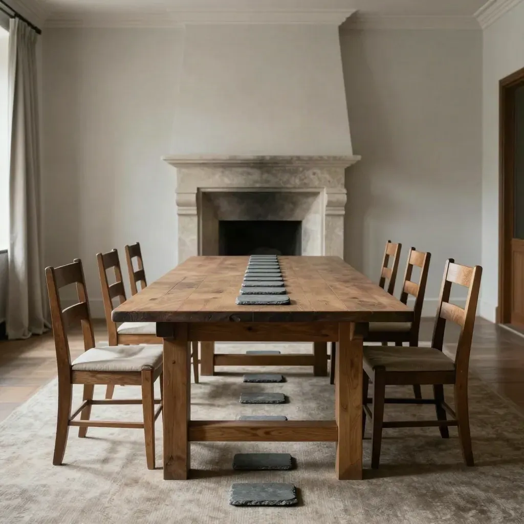 Empty heritage room with oak table, tucked chairs, and aligned slate markers in calm daylight.
