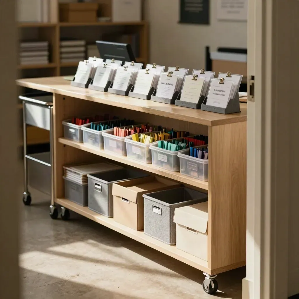 Quiet office side room with sorted trays, grouped badges, and orderly bins in warm afternoon light.