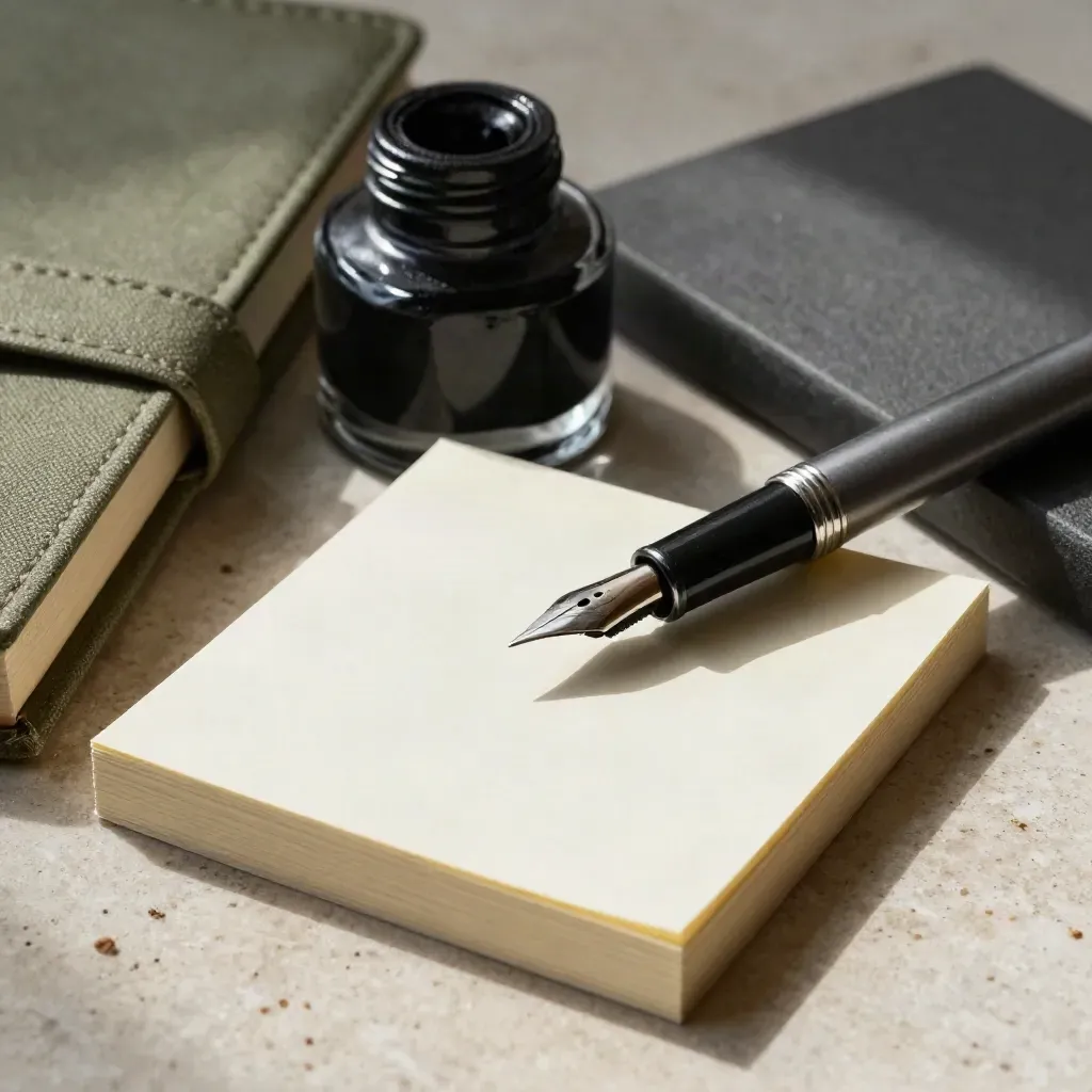 Macro of a fountain pen nib, ink stone, cream cards and stitched notebook spine on pale stone.