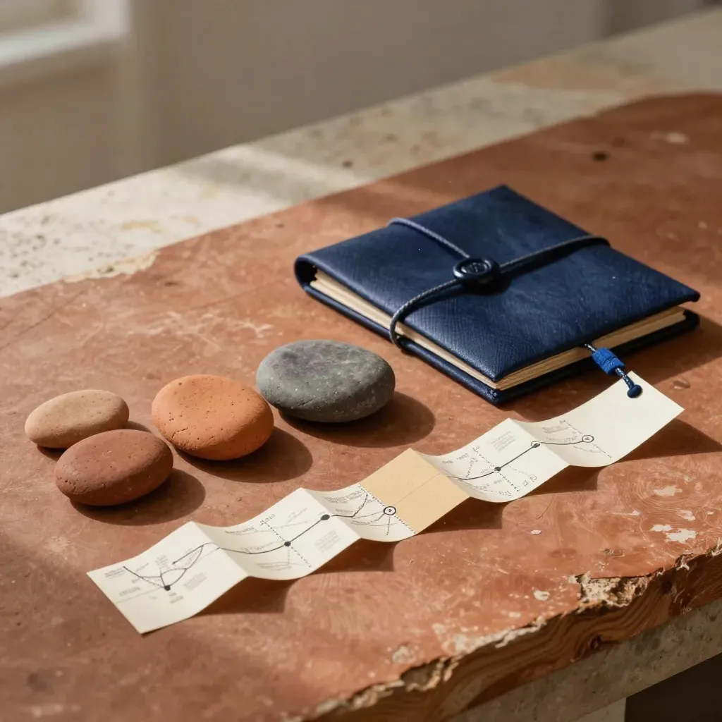 Milestone stones, clipped tabs and a cord-bound packet on terracotta plaster under soft daylight.