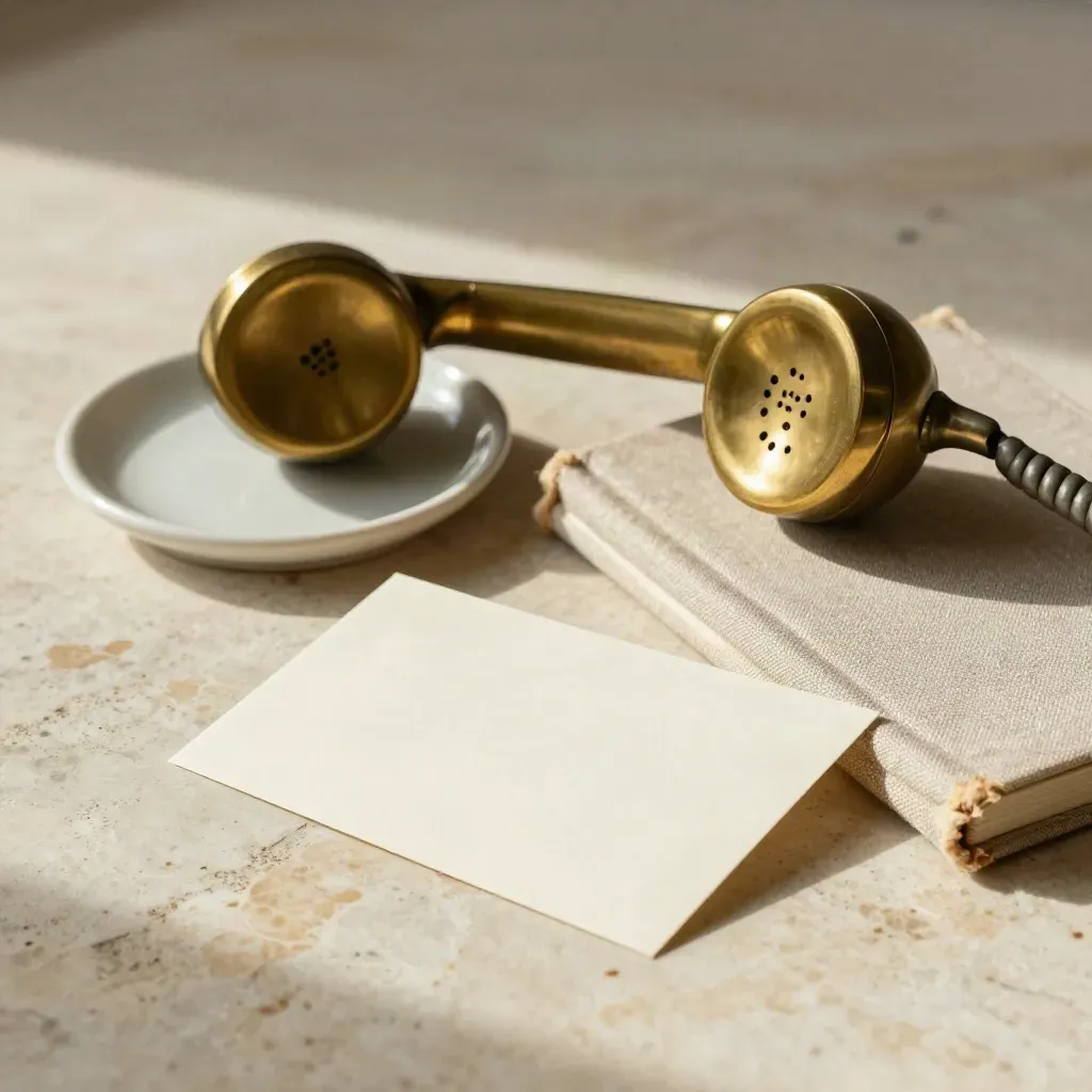 Brass handset, ceramic ring dish, cream card and linen notebook on pale travertine in soft side light.