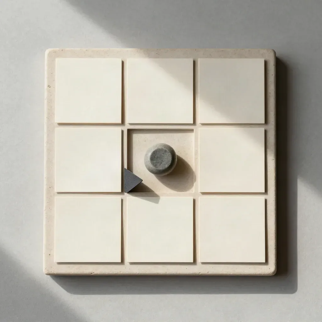 Cream cards on a stone tray with one missing square, a stone weight and folded charcoal tab.