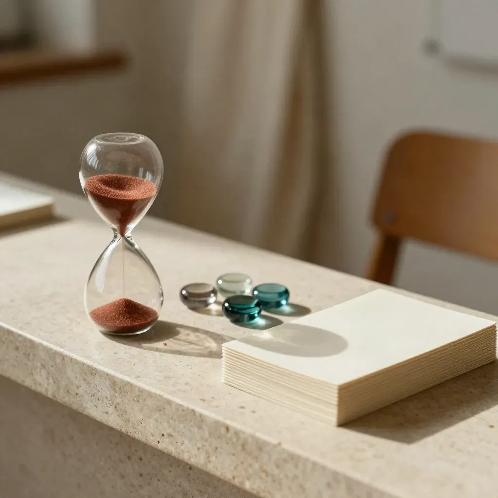 Hourglass, glass tokens and facilitation cards on a plaster ledge, lit from the left.