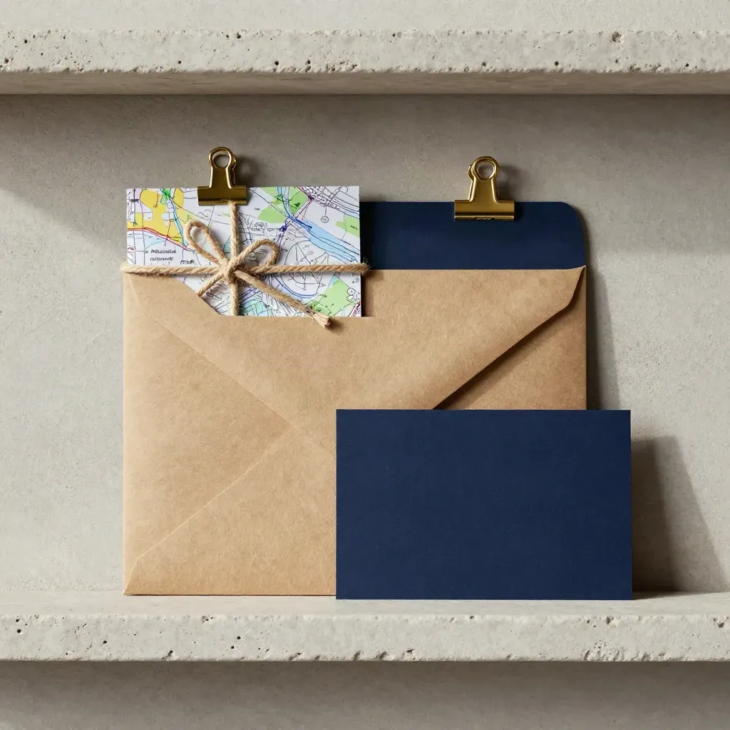 Top-down stone flat lay of a kraft envelope, brass clip, and tied roadmap packet with a navy accent.