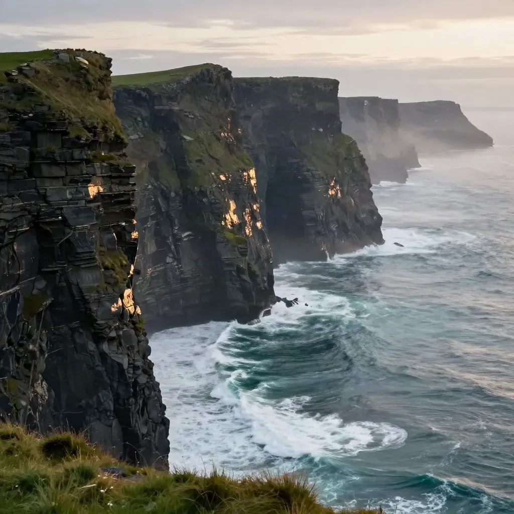 Cliffs of Moher at blue hour, rain haze over calm Atlantic, high cliff line and open misty sea