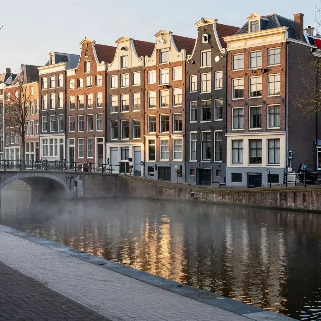 Golden-hour Amsterdam canal houses above calm misty water and pale quay, copy space below
