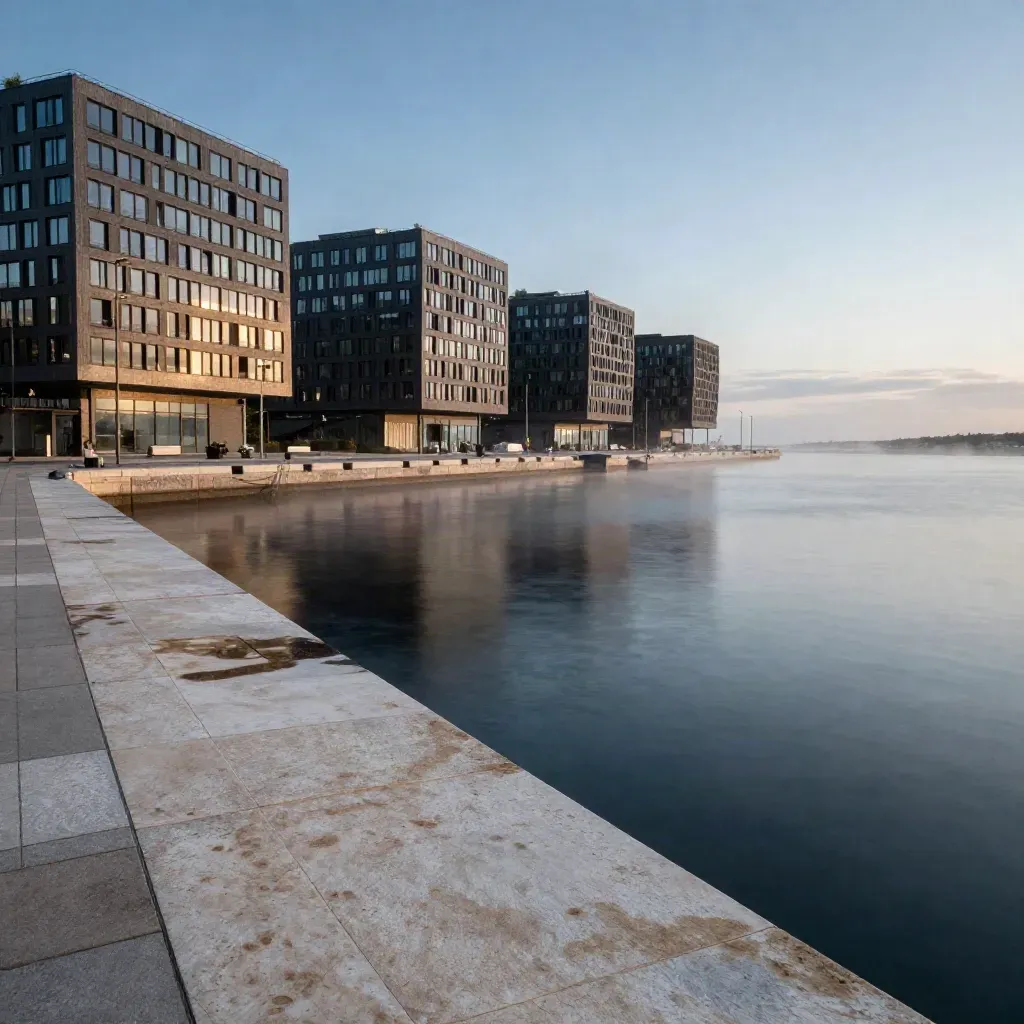 Copenhagen harborfront at dusk with sculptural waterfront architecture over still misty water