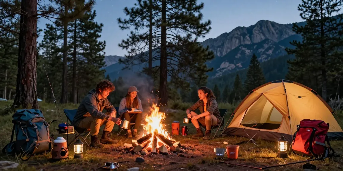 Campers enjoying outdoor adventures with rokok 88 gear around a campfire.