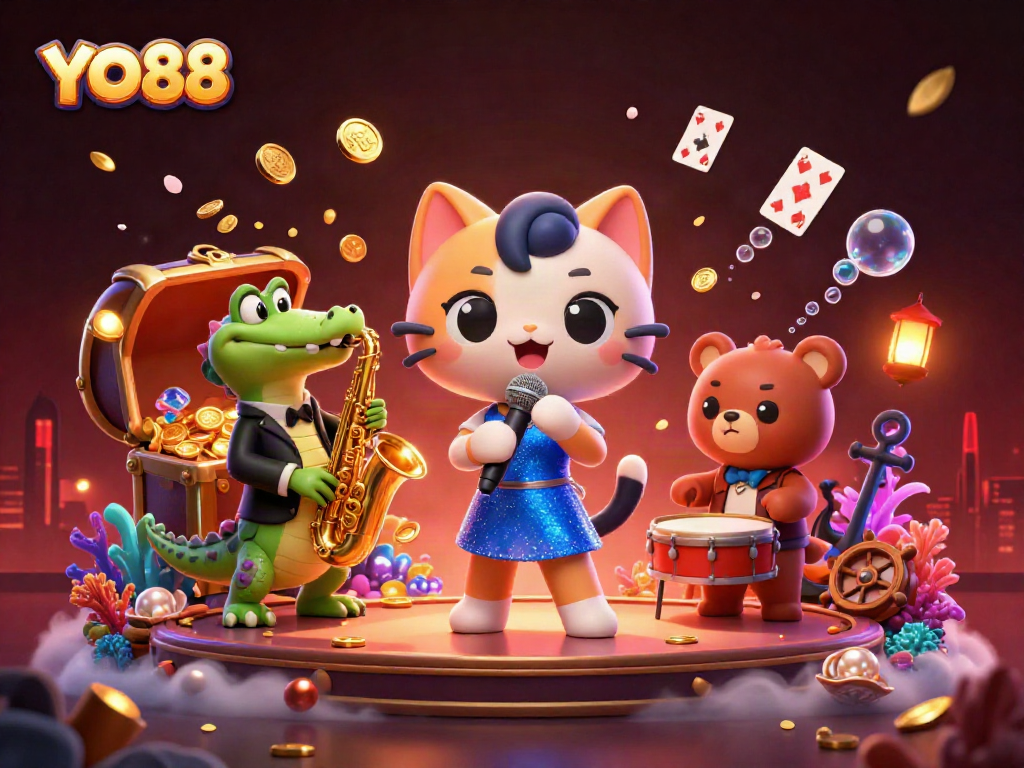 Join the excitement with YO88 casino characters in a vibrant 3D illustration featuring playful animals and casino elements.