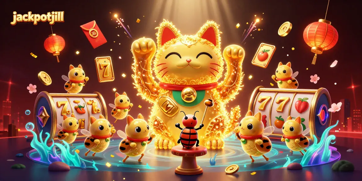 Engage in thrilling gameplay at jackpotjill with a vibrant 3D lucky cat and dynamic casino symbols.