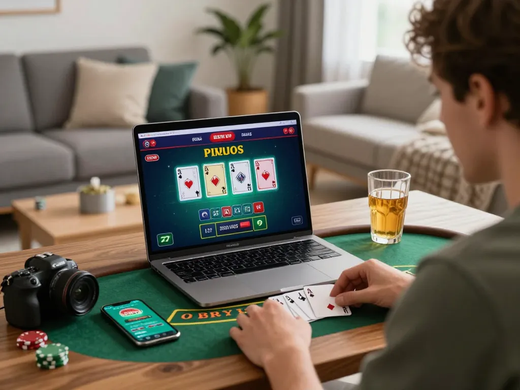 Engage in strategic blackjack gameplay with XX88 on a laptop at home, showcasing a vibrant online casino atmosphere.