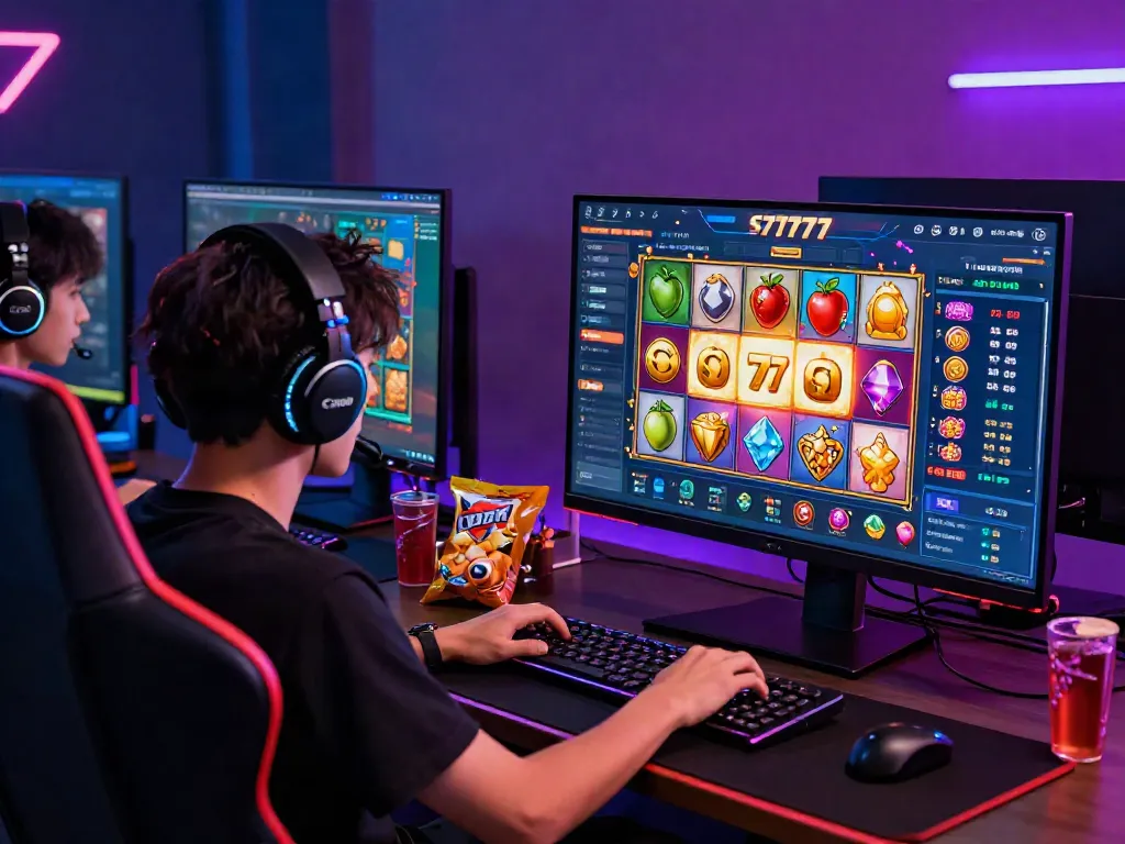 Player enjoying slot777 games on a modern gaming setup, colorful interface and jackpot win notification displayed.