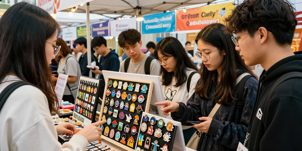 Colorful custom enamel pins displayed in an energetic marketplace scene where customers engage in vibrant designs.