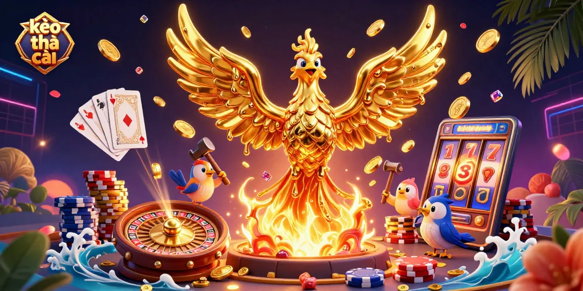 Engage with kèo nhà cái through dynamic golden coins and an enchanting phoenix in this vibrant casino scene.