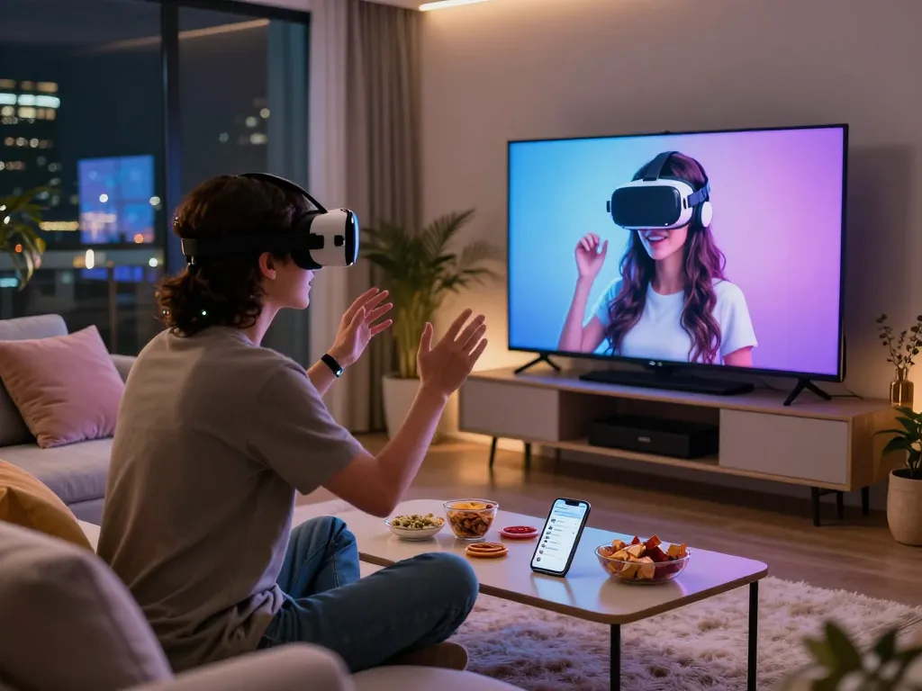 A person interacting with a girlfriend AI in a cozy living room, showcasing an engaging virtual reality experience.