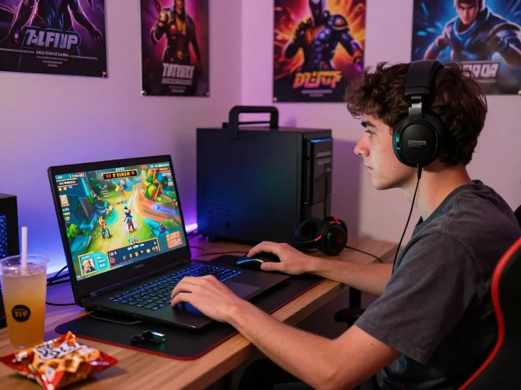 Engaged user playing the 789 club game on a laptop in a vibrant gaming setup.