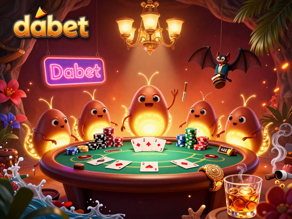 Join dabet gamblers in a vibrant 3D casino scene with glowworms and intense poker action.