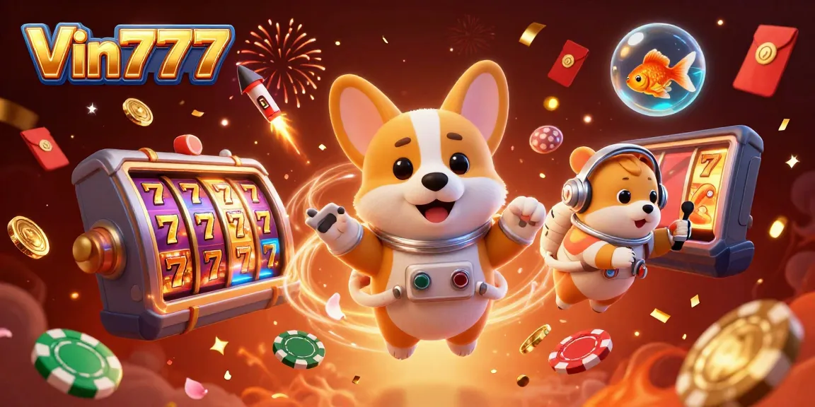 Experience thrilling slots at Vin777 with an astronaut corgi amidst a vibrant casino scene.