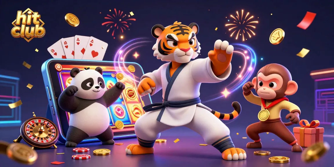 Celebrate wins at hit club with playful characters amidst vibrant slot gaming elements.