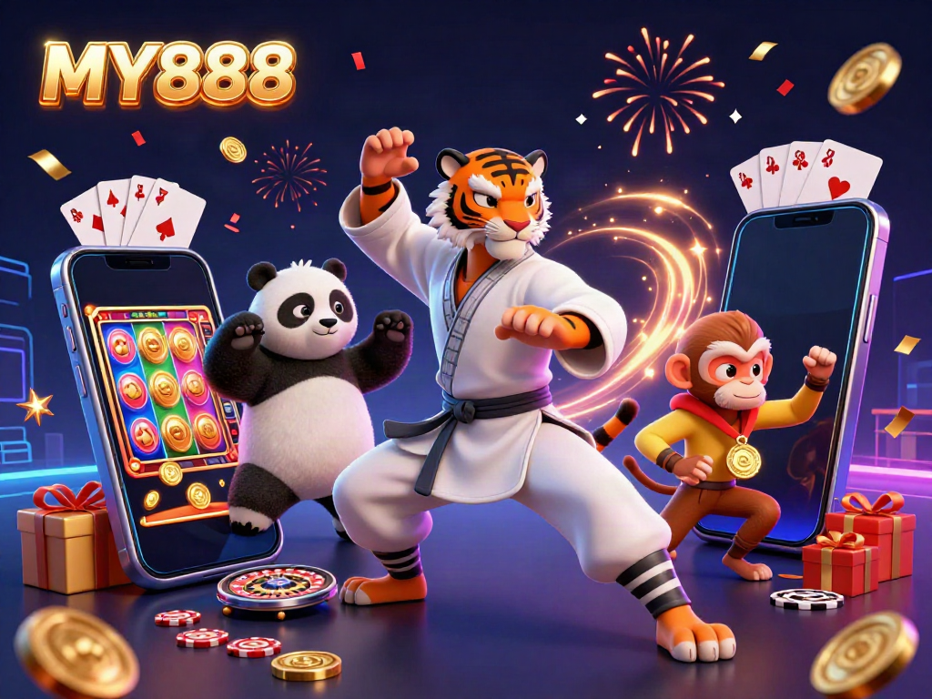 Engage with MY888 as a kung fu tiger master showcases gaming skills amid slot games and casino excitement.