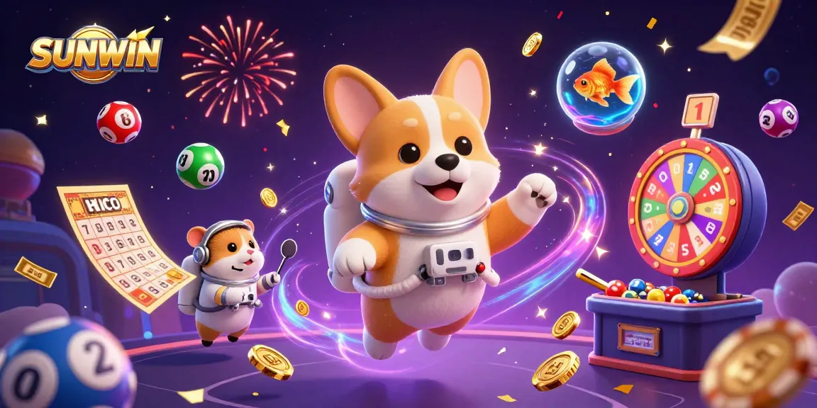Experience thrilling gameplay in SUNWIN's vibrant casino environment with floating characters and dynamic lottery elements.