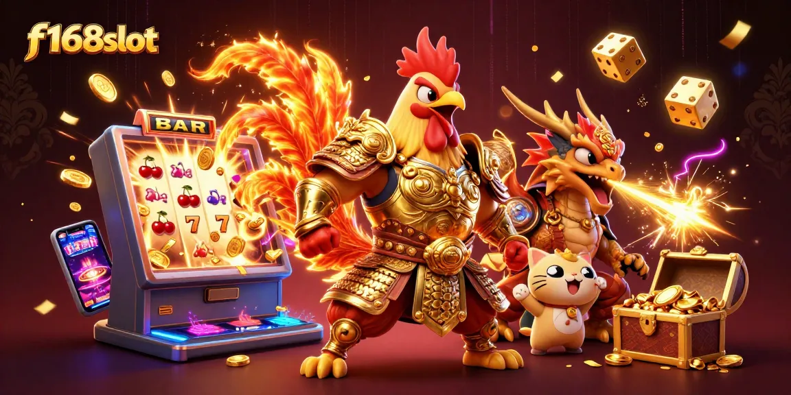 Experience thrilling wins at f168slot with a dynamic scene of gaming excitement featuring a rooster warrior and dragon hatchling.