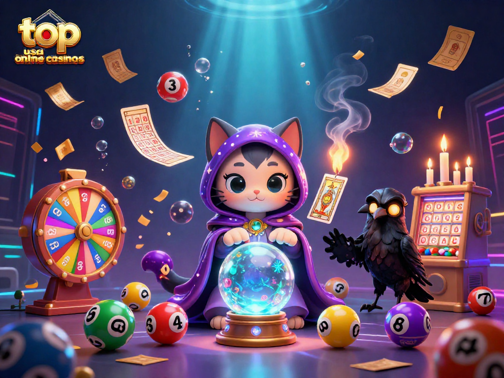 Engage with the top USA online casinos through a vibrant scene featuring a mystic cat and a tarot card raven surrounded by lottery elements.