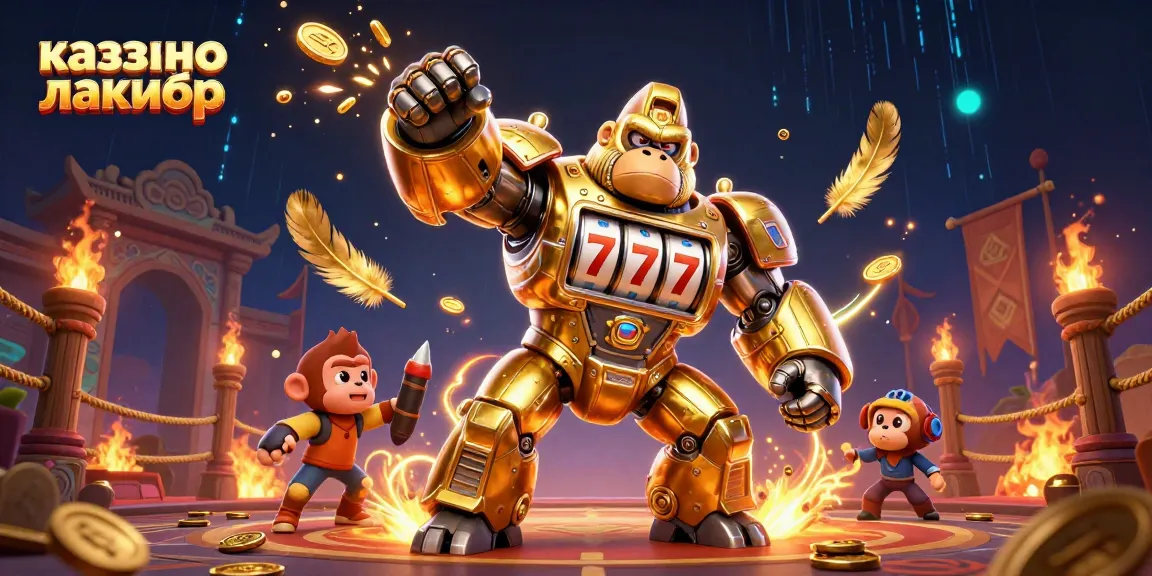 Engage with казино лакибир in this vibrant 3D casino scene featuring a heroic mech and dynamic gaming elements.