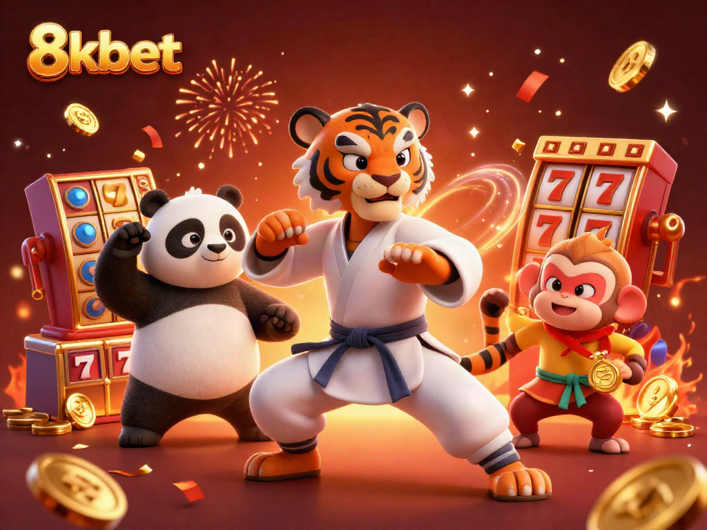 Experience thrilling action at 8kbet with tiger master and panda disciple in a vibrant casino scene.