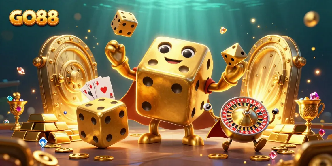 Experience excitement at GO88 with a golden dice golem juggling treasures in a vibrant casino atmosphere.