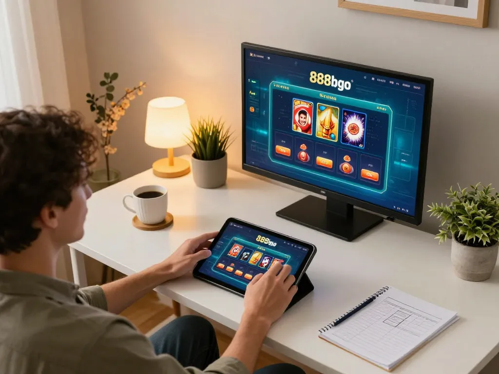 Engaging home online gaming experience on 888bgo tablet interface, warm ambiance and strategy notes visible