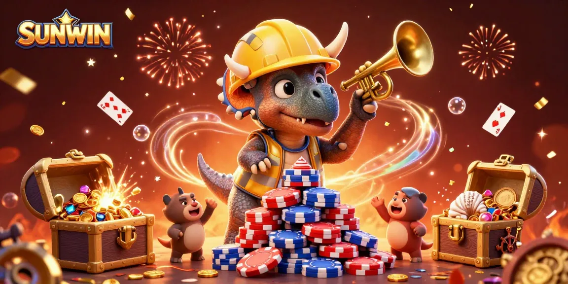 Experience the excitement of SUNWIN as a triceratops builds poker chip mountains amidst a vibrant casino celebration.