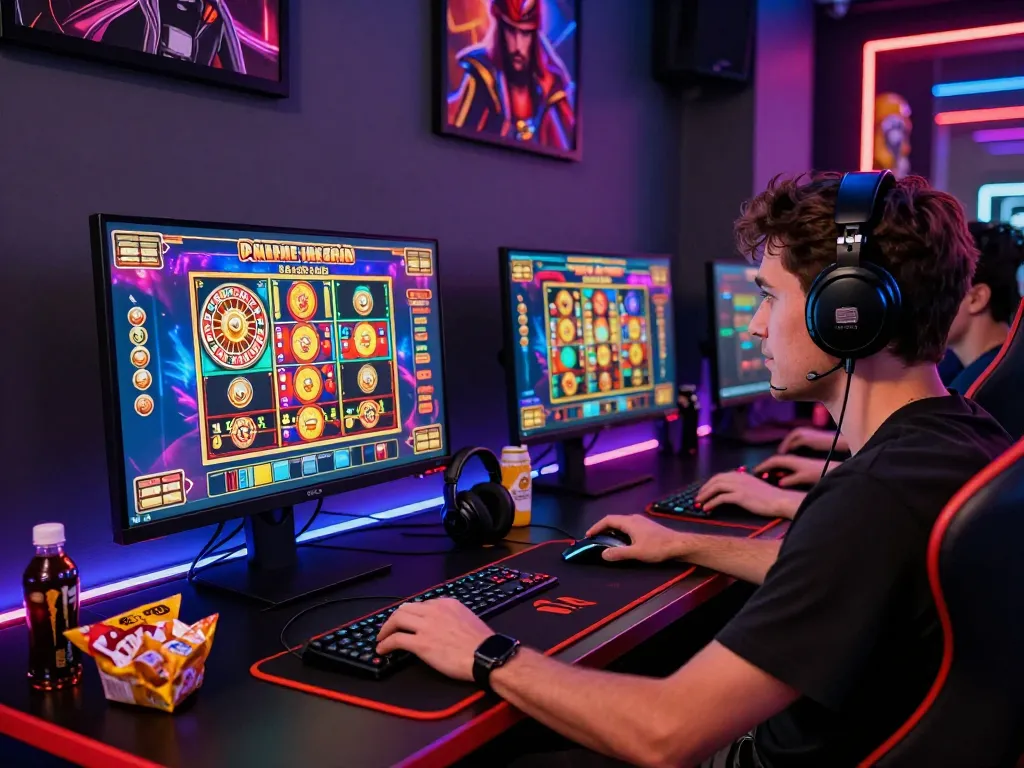 Player experiencing online gambling excitement at https://bomwin.jp.net/ amid vibrant gaming graphics and accessories.