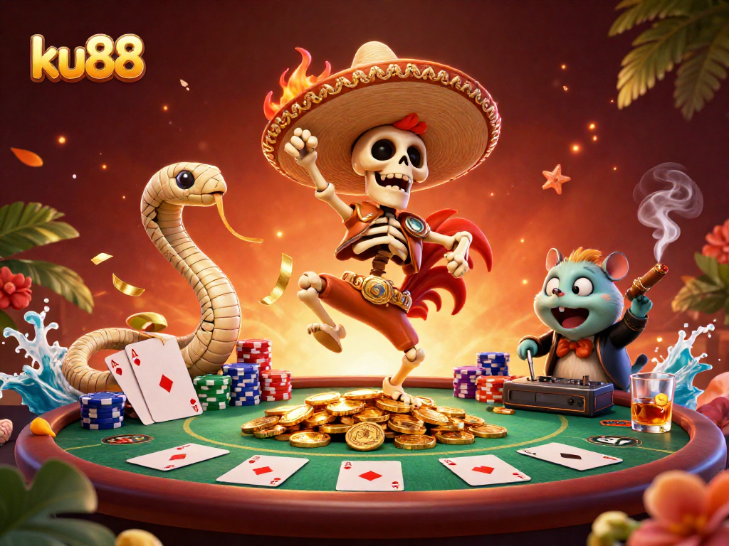 Experience the excitement of ku88 with a vibrant gaming scene featuring a mariachi rooster, mummy snake, and DJ.