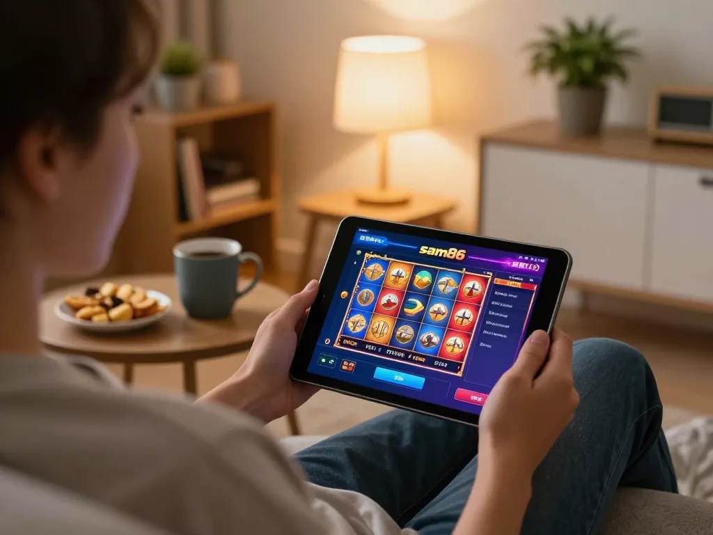Engaging player uses the sam86 app for online gambling on a tablet in a cozy home setting.
