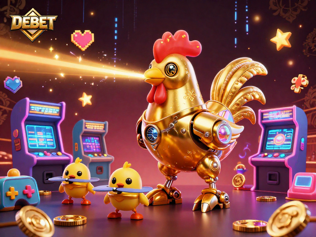 Engage with DEBET's colorful casino-themed arcade scene featuring a golden rooster robot and baby chick drones.