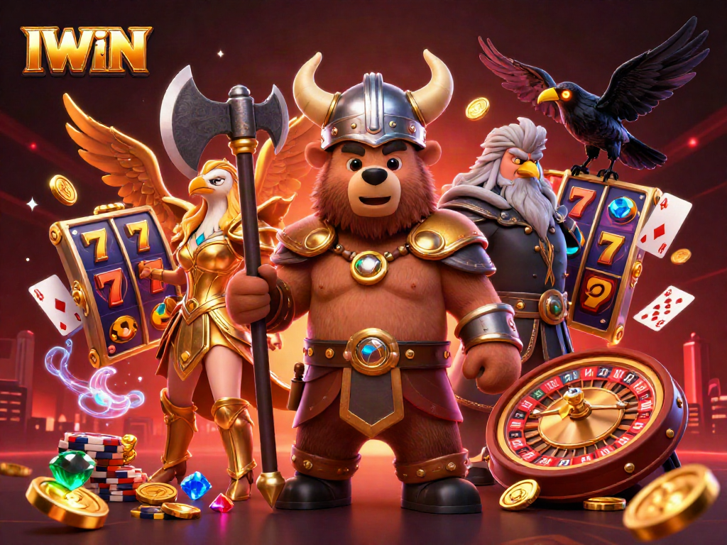 IWIN casino scene featuring a Viking bear and Valkyrie eagle, highlighting thrilling slot elements.