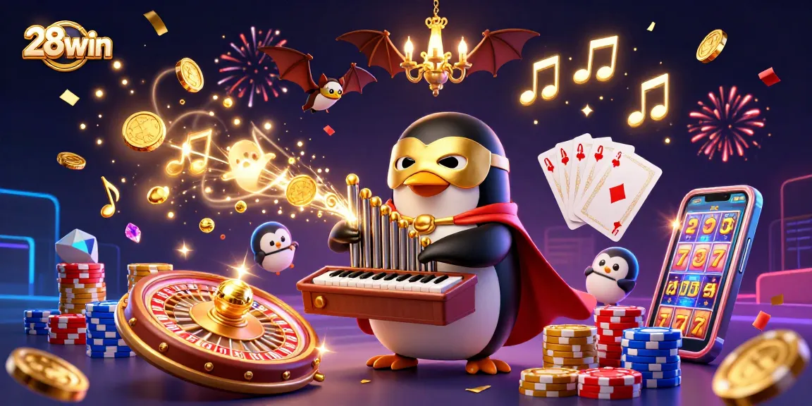Play slots and win with 28win as the phantom penguin strikes a chord leading to cascading gold!