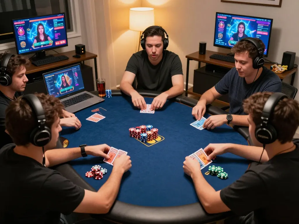 Players enjoy interactive poker action on rokok88 during an engaging online session at home.