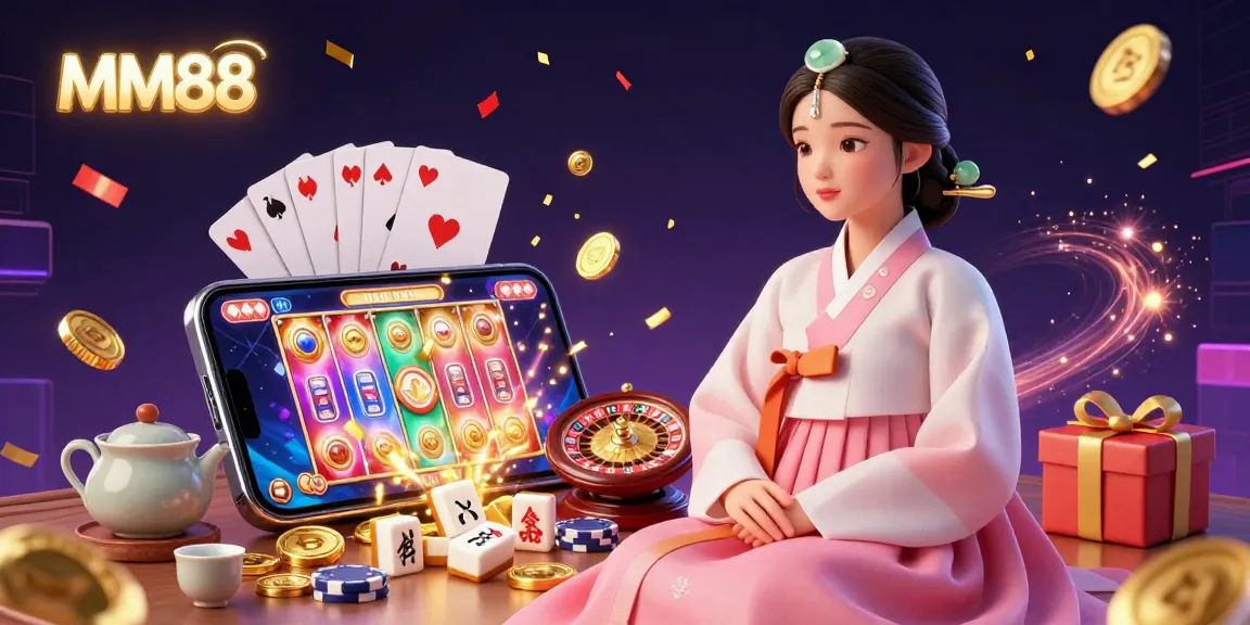 Experience the thrill of MM88 with an elegant Asian woman in traditional attire showcasing vibrant gaming elements and festive decorations.